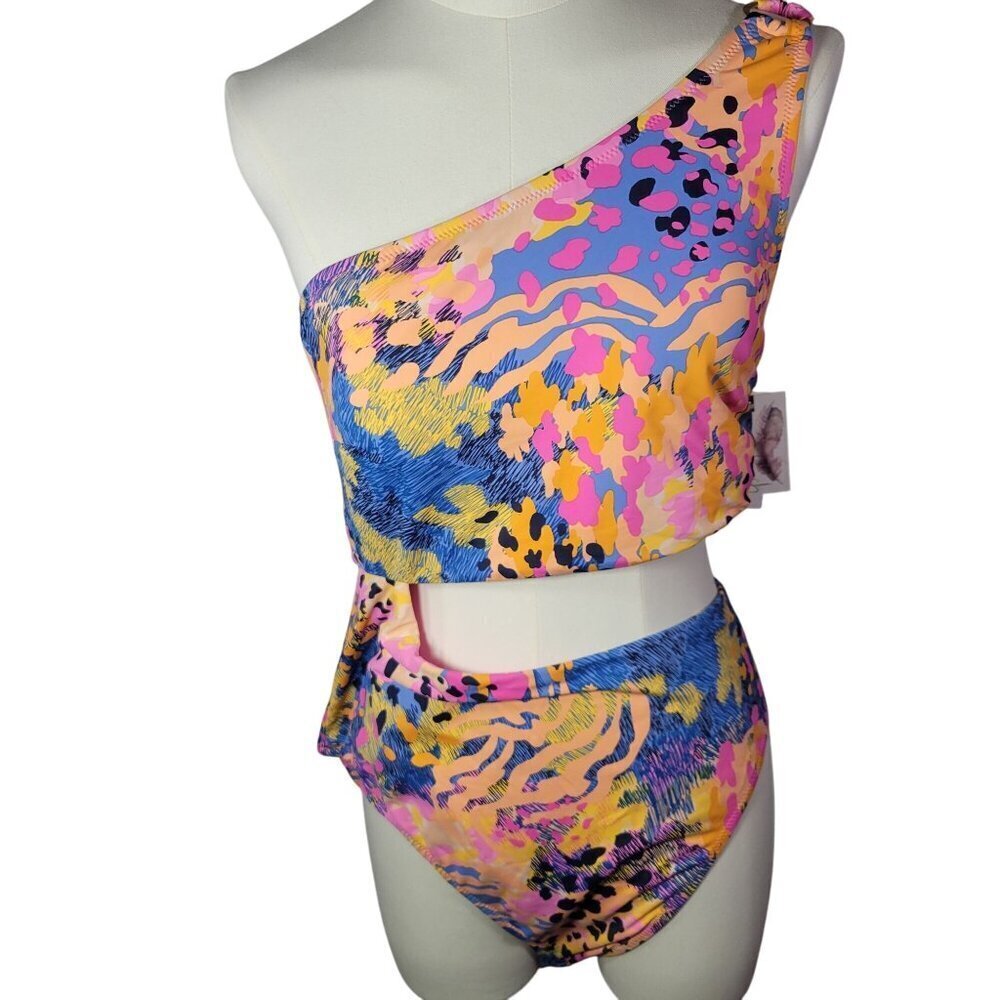 Jessica Simpson Lip Gloss Women Abstract One-Shoulder Cutout Swimsuit Size XL